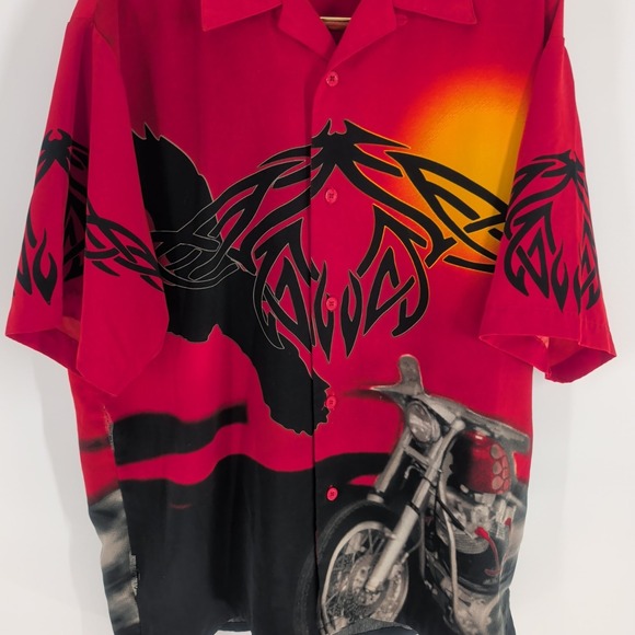 Dragonfly Bike Graphic Print‎ Short Sleeve Classic Button Up Shirt Red Size XL - Picture 3 of 11